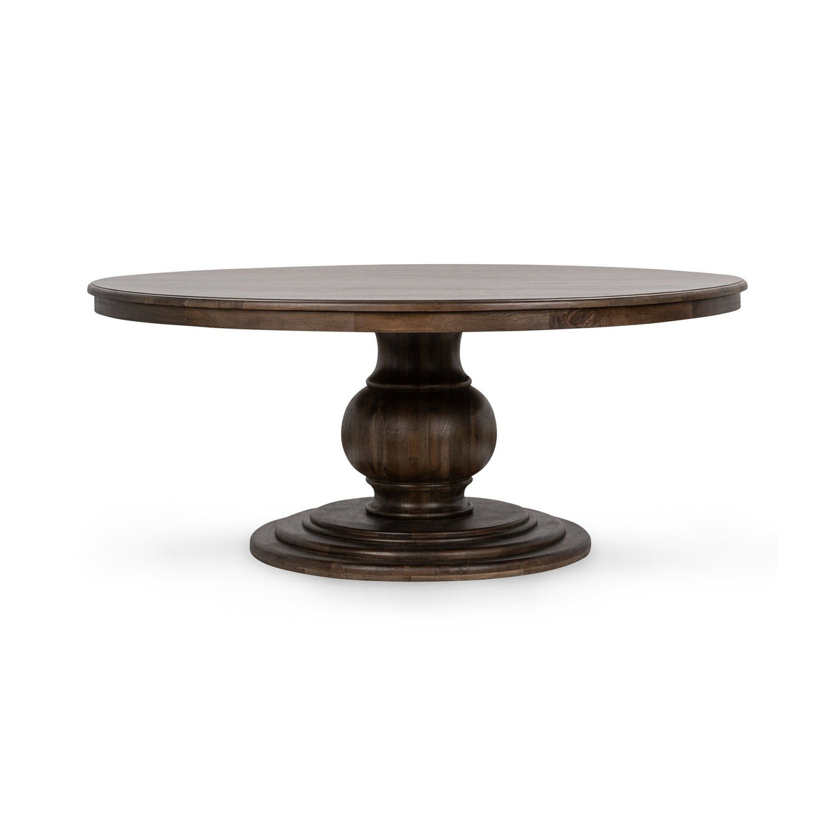 Round wooden table with a pedestal base on a white background