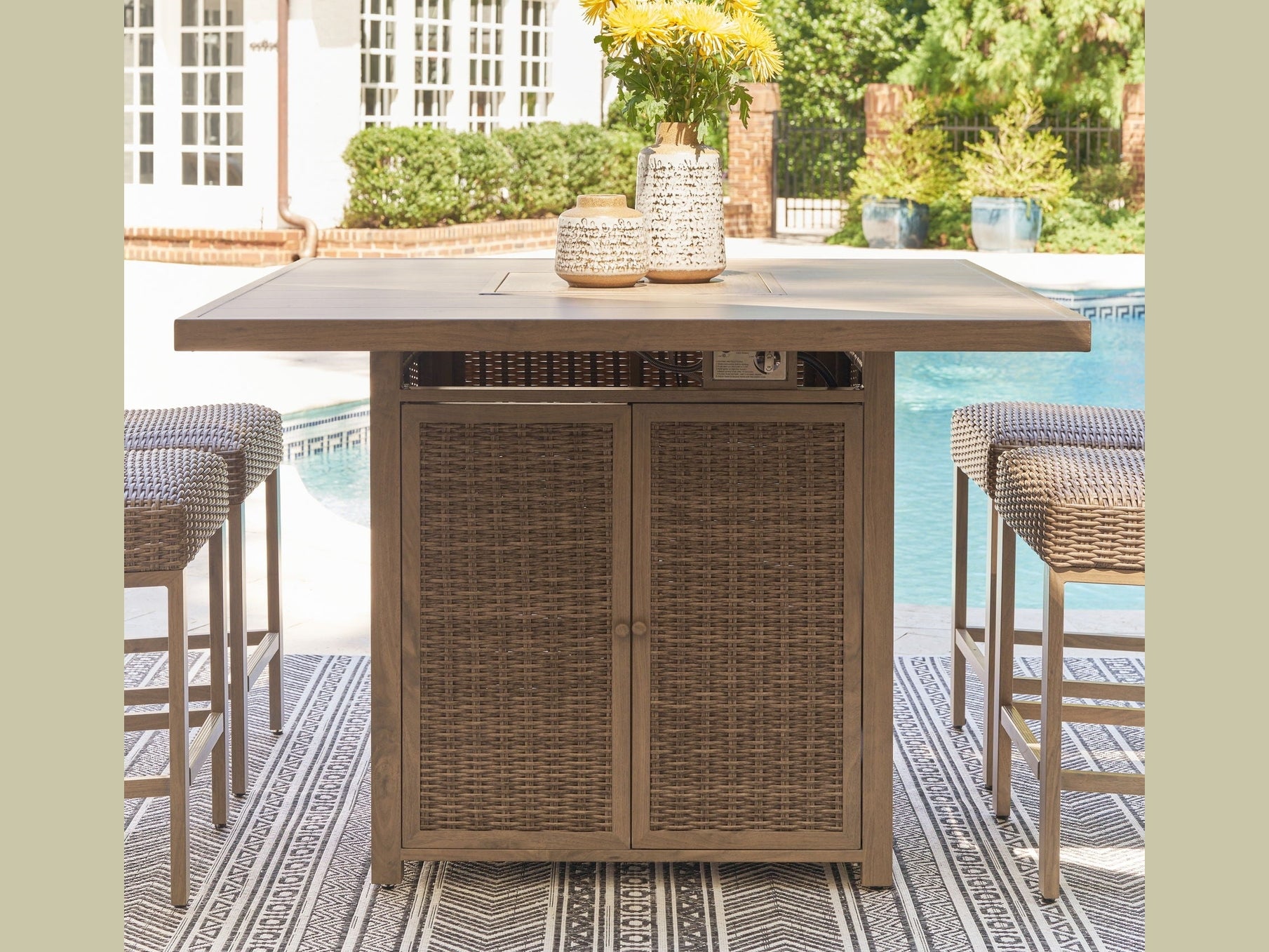 Walton Bridge - 5 Pc. - Square Bar Table W/Fire Pit, 4 Barstools - Driftwood