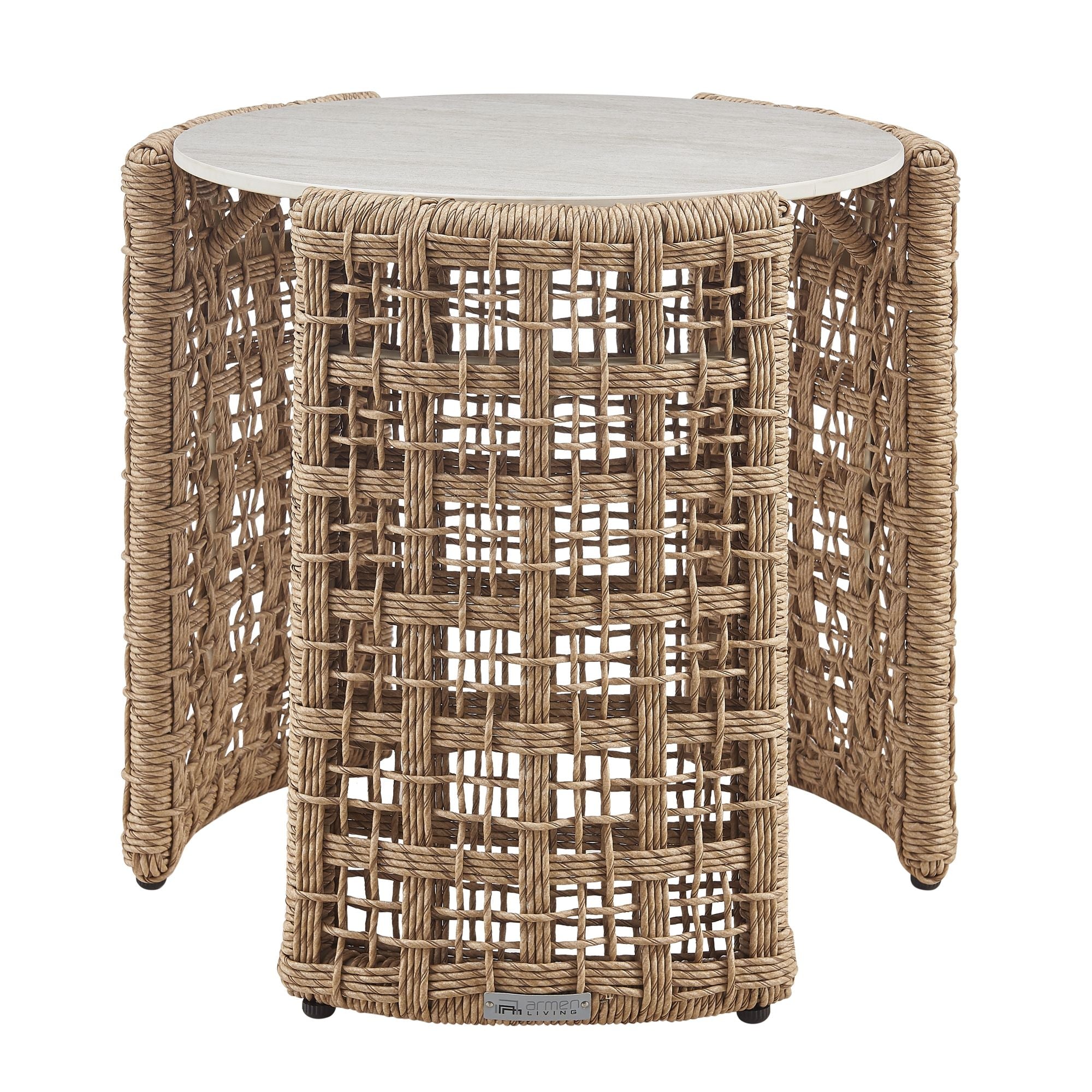 Driftbay - Rattan Round Outdoor Side Table With Sintered Stone Table Top - Natural