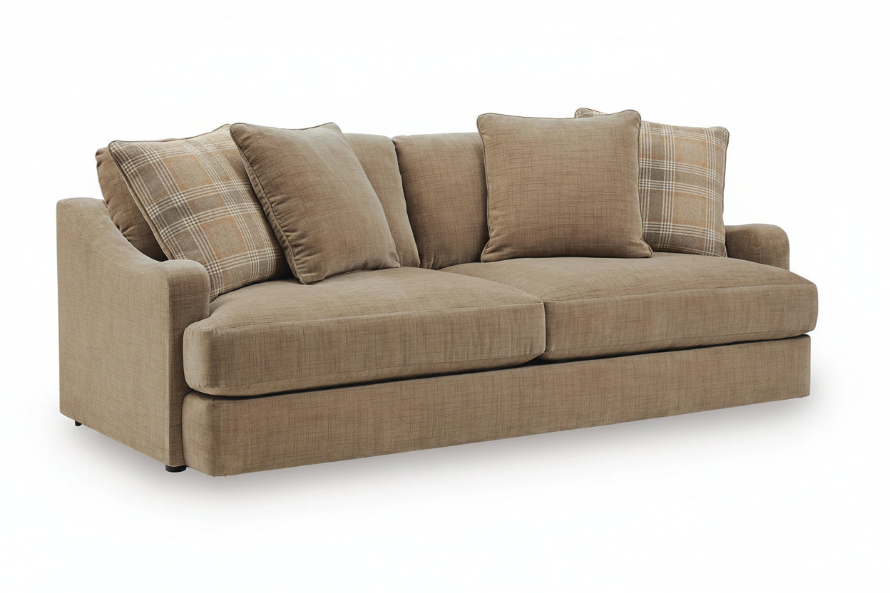 A two-seater upholstered sofa in a warm taupe-beige fabric, featuring five matching throw pillows including two plaid accent pillows, shown against a plain white background.