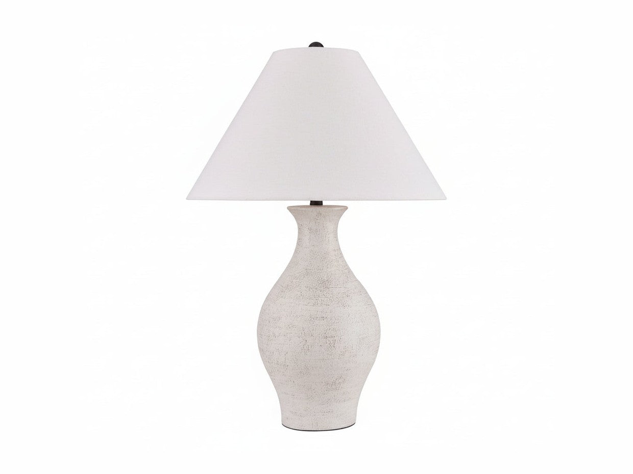 The Ashbend white textured table lamp with a white shade on a white background.