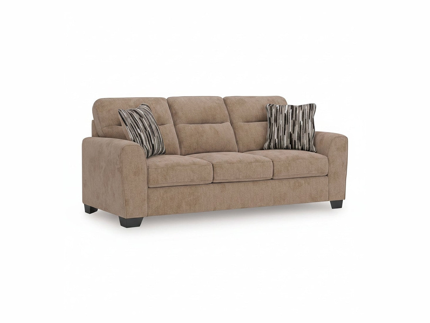 Olten beige sofa with patterned cushions on a white background.