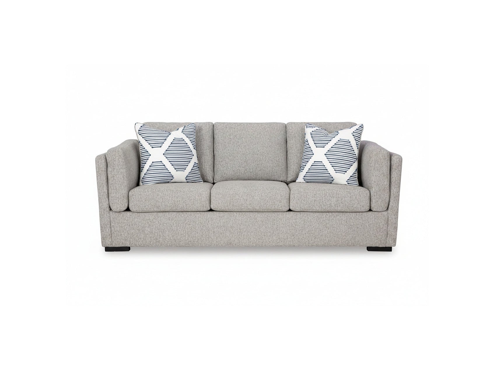 Gray sofa with two striped cushions on a white background
