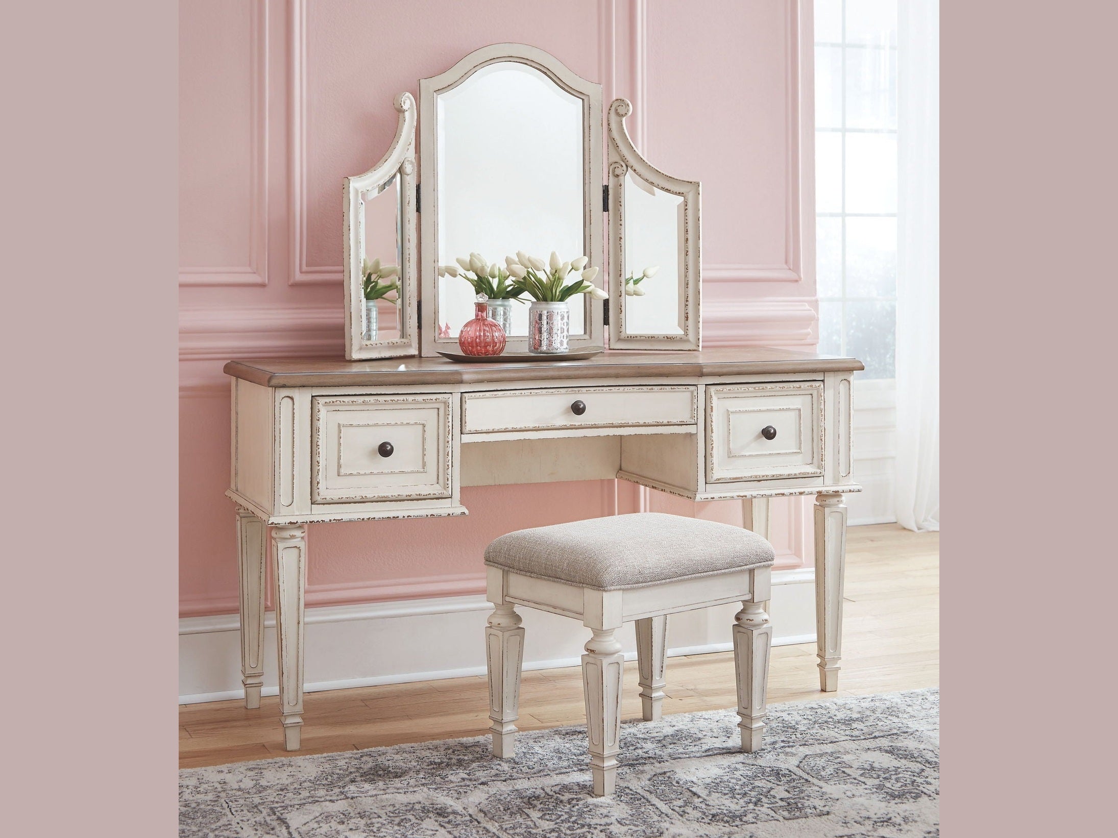 Realyn - Vanity/Mirror/Stool (Set of 3) - White / Brown / Beige
