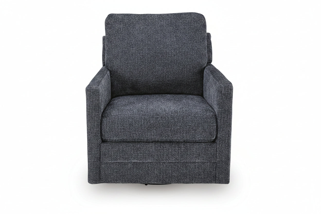 A dark gray upholstered armchair with a high back, wide armrests, and a swivel base, shown against a plain white background.
