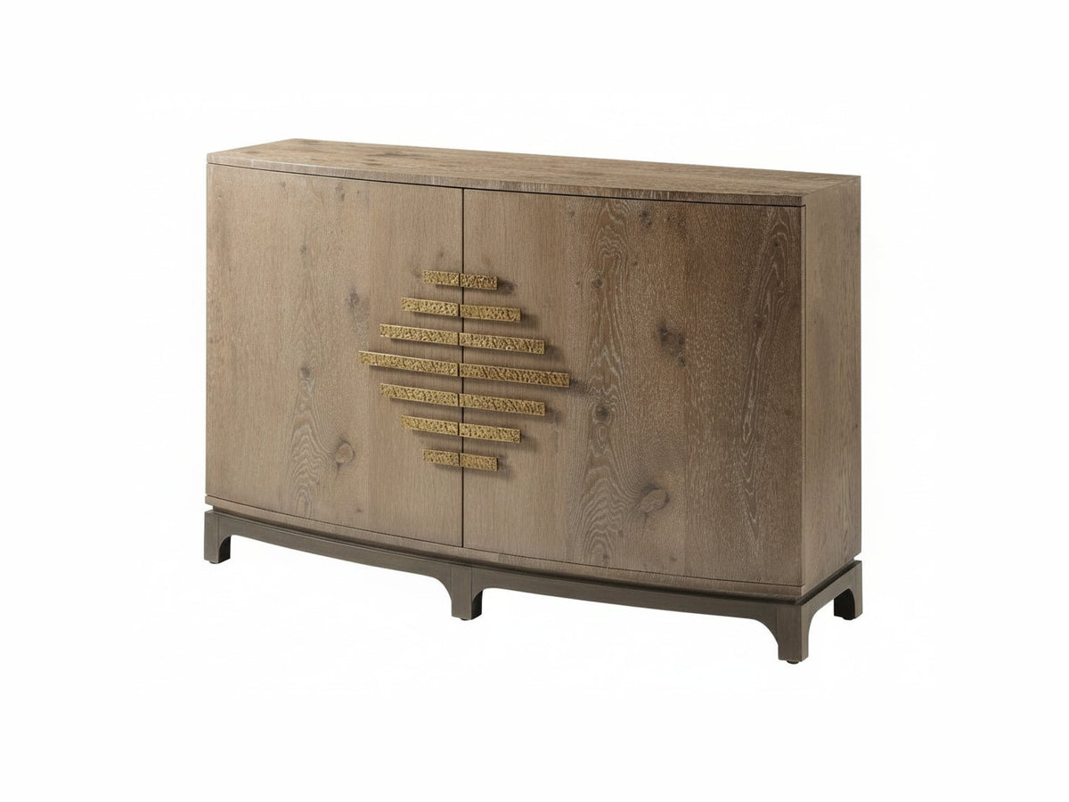 Wooden sideboard with decorative elements on a white background