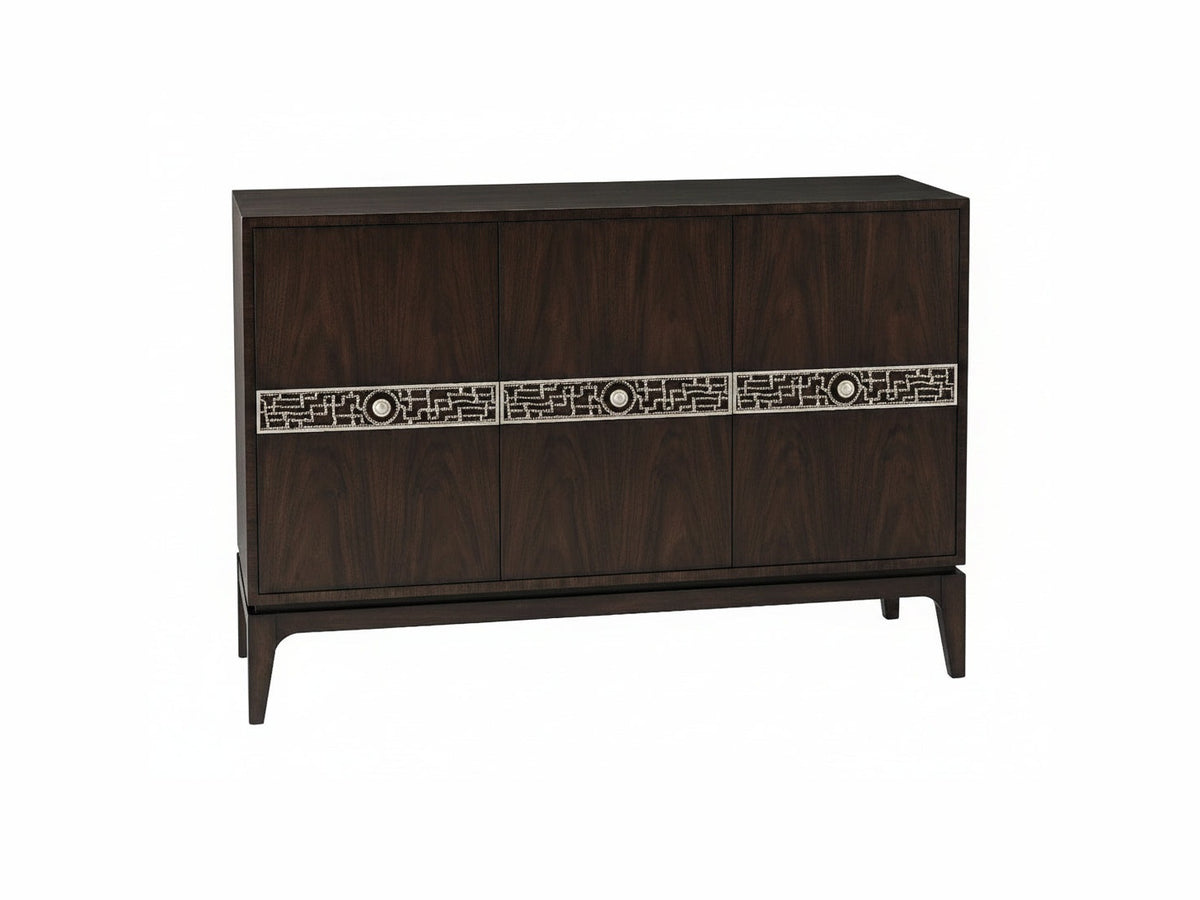 Dark wood cabinet with decorative panel on a white background