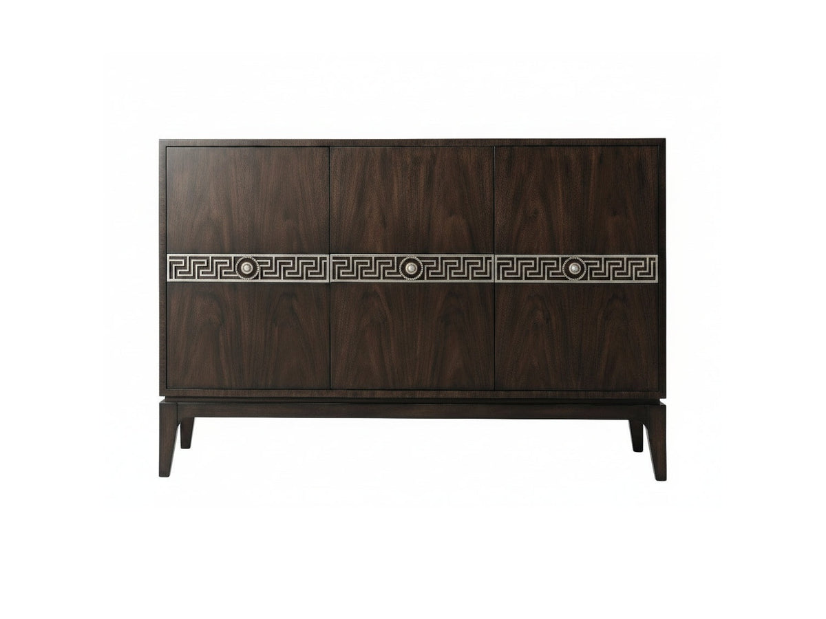 Dark wooden cabinet with decorative elements on a white background