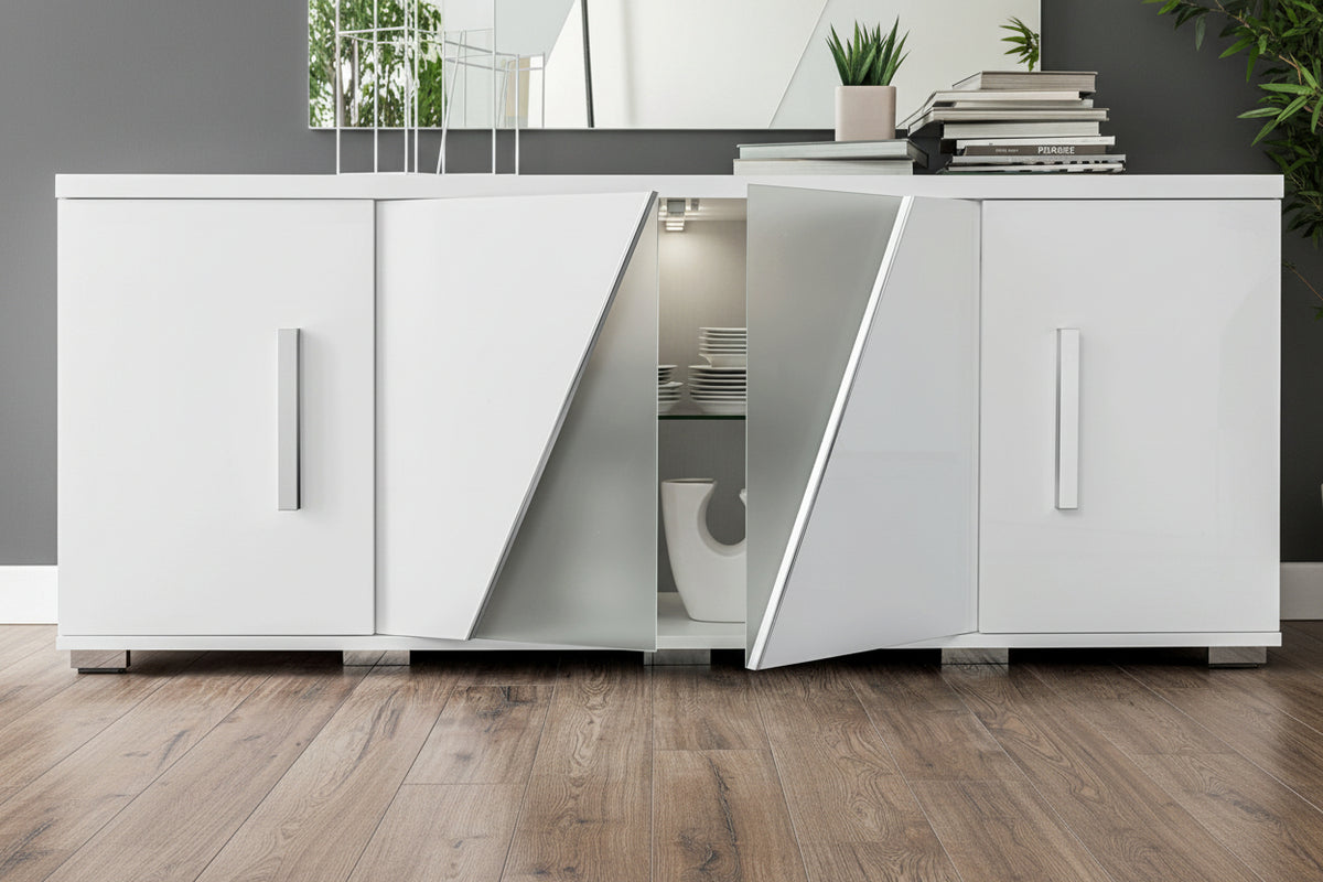 Modern white kitchen cabinet with a pull-out drawer extension