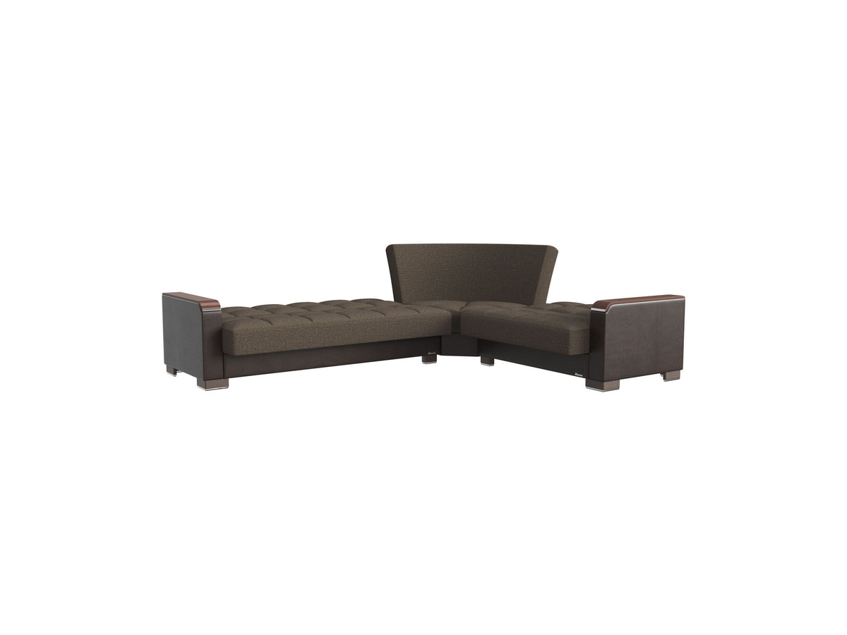 Ottomanson Armada X - Upholstered Convertible Wood Trimmed Sectional With Storage - Brown PU Polyester