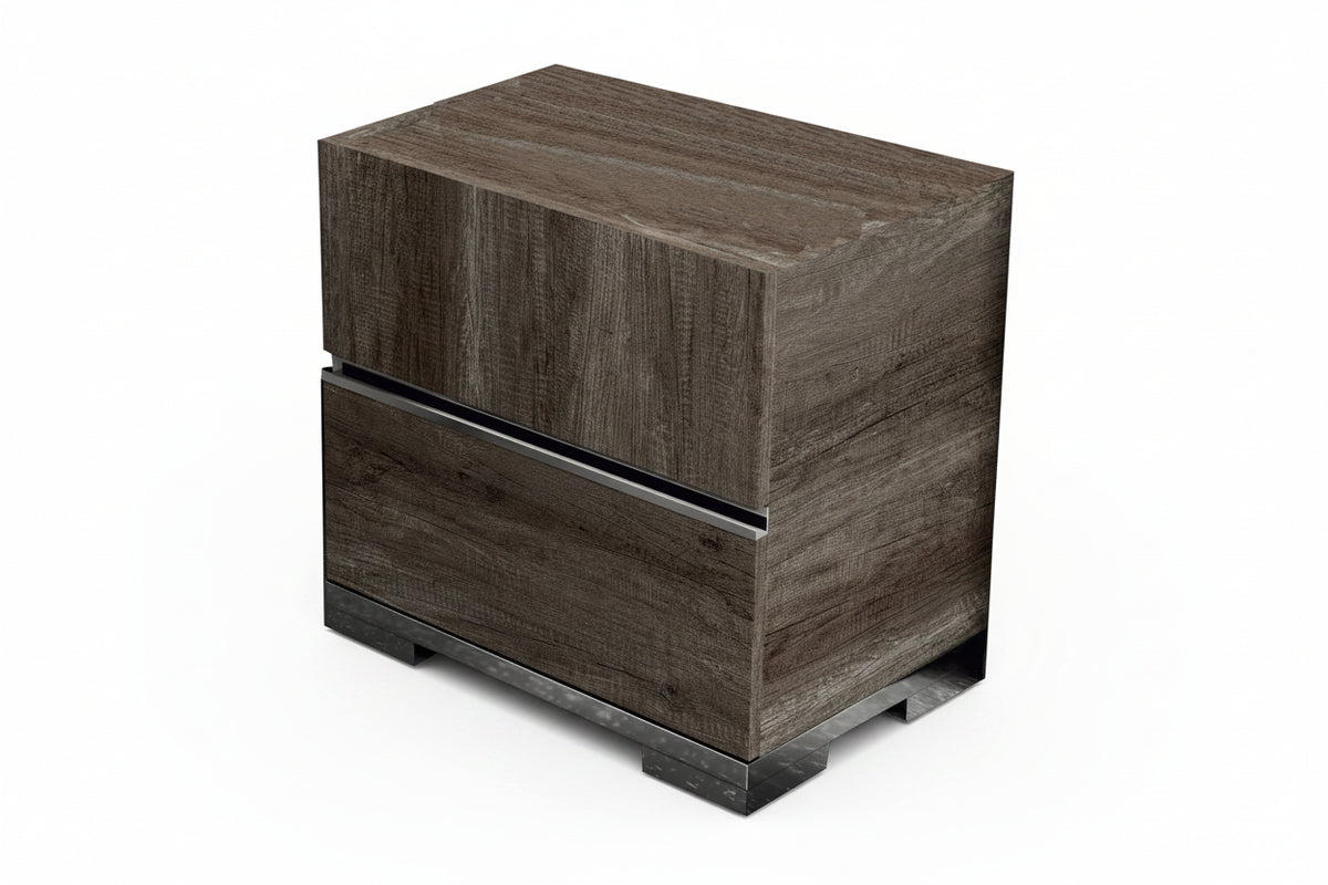 A modern two-drawer nightstand with a dark brown wood grain finish and a sleek black metal accent strip between the drawers, shown on a plain white background.