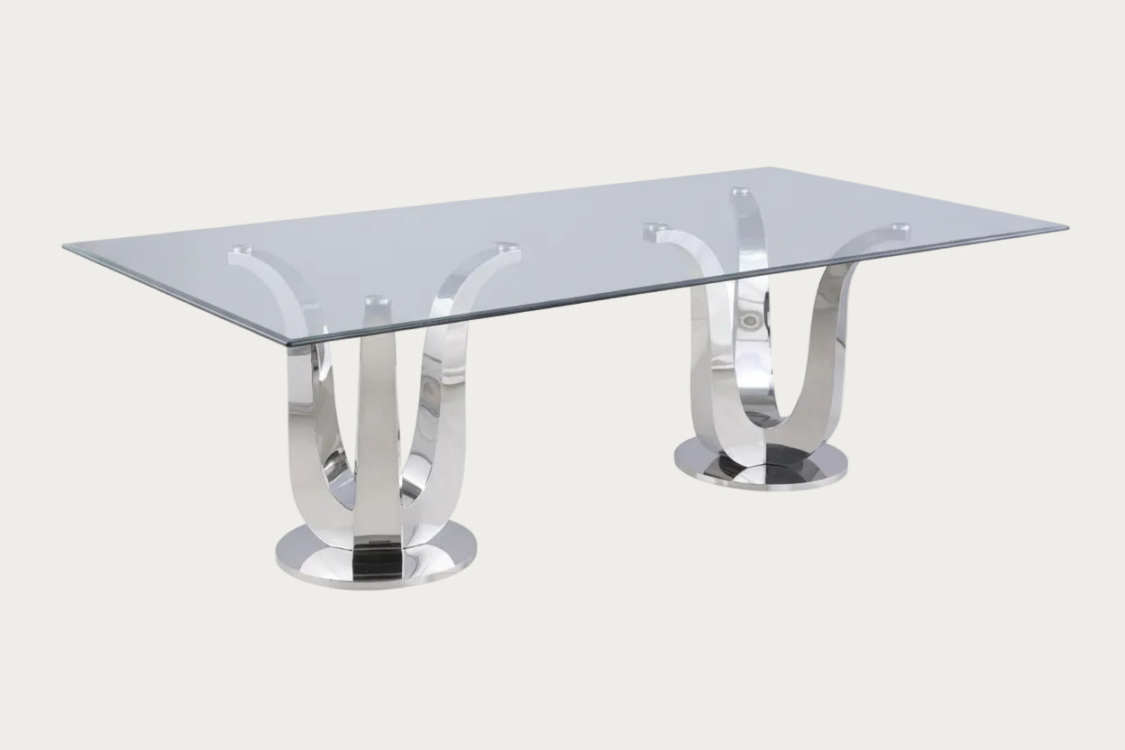 Adelle glass-top dining table with chrome metal legs