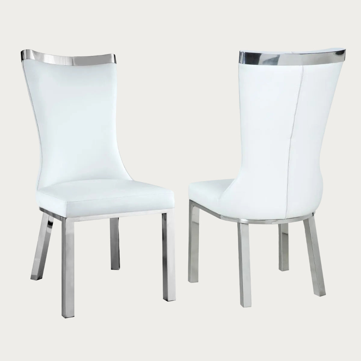 Two Adelle white side chairs with silver accents 