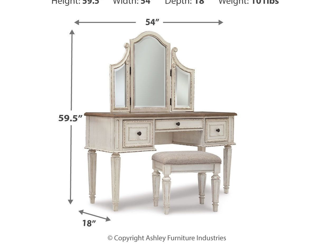 Realyn - Vanity/Mirror/Stool (Set of 3) - White / Brown / Beige