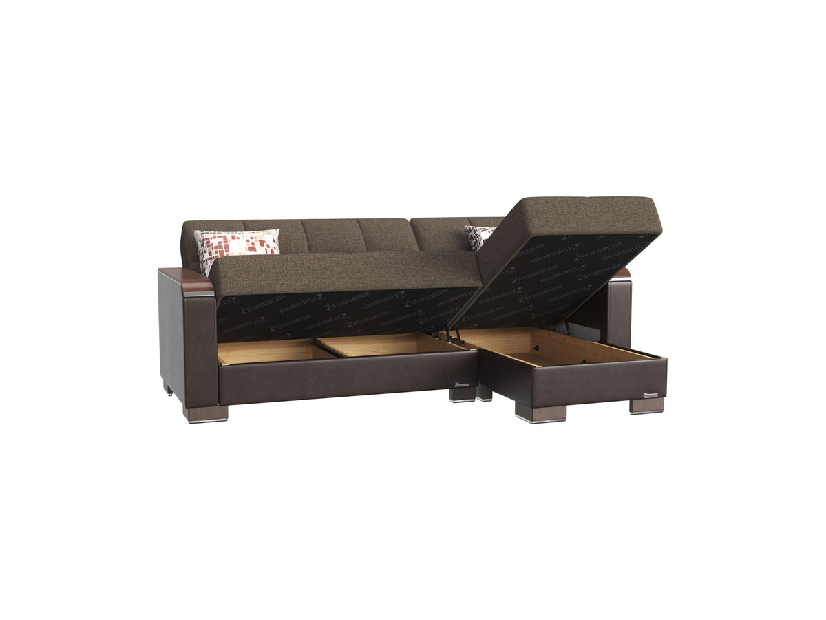 Ottomanson Armada X - Upholstered Convertible Wood Trimmed Chaise Lounge With Storage - Brown PU Polyester