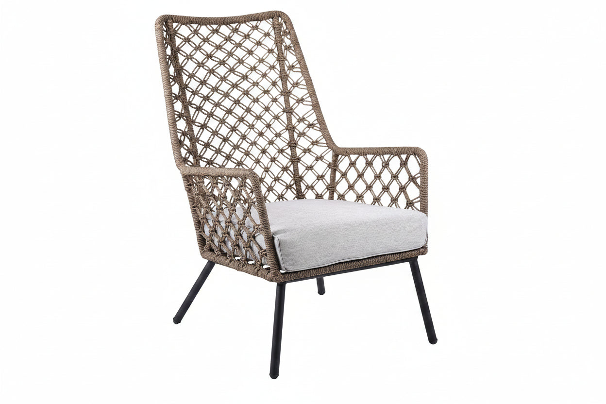 Woven armchair with a gray cushion on a white background