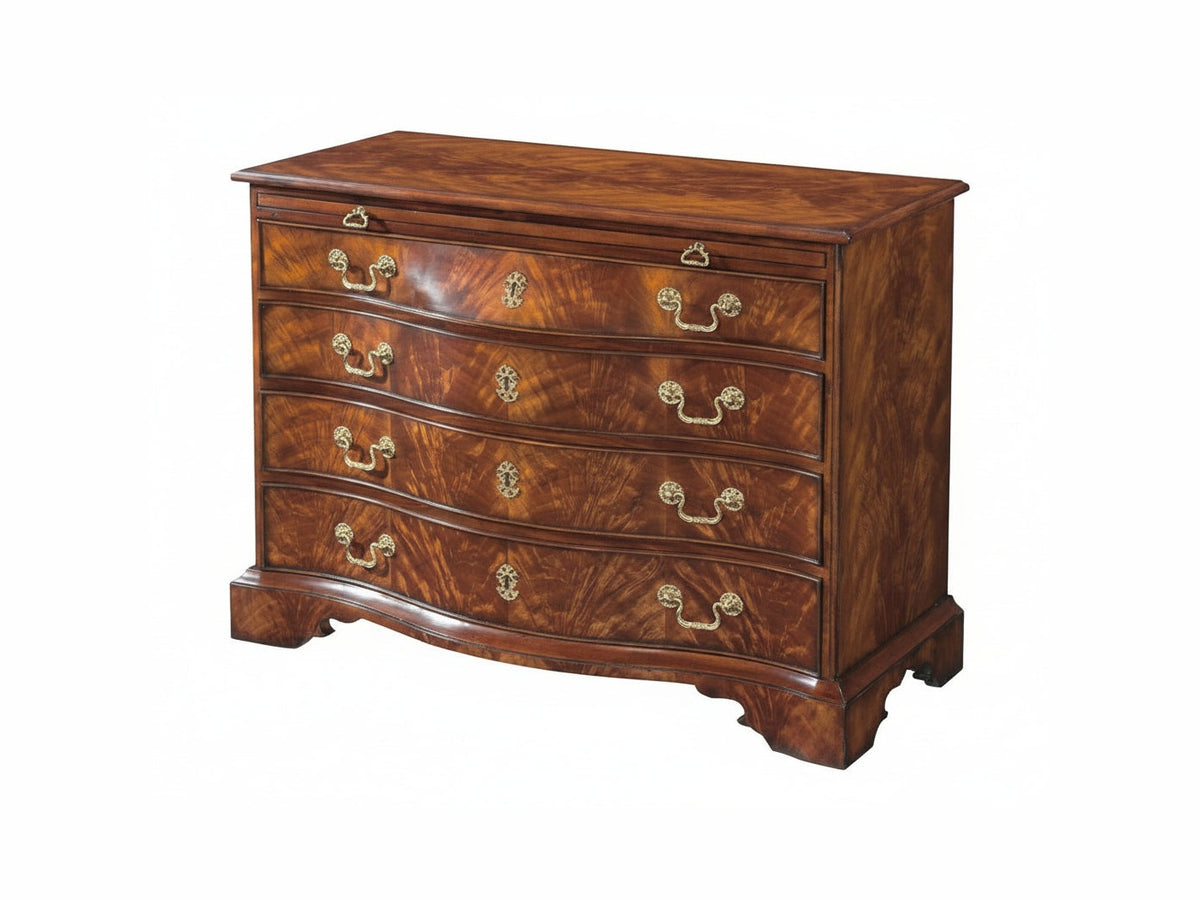 Wooden dresser with four drawers and brass handles on a white background