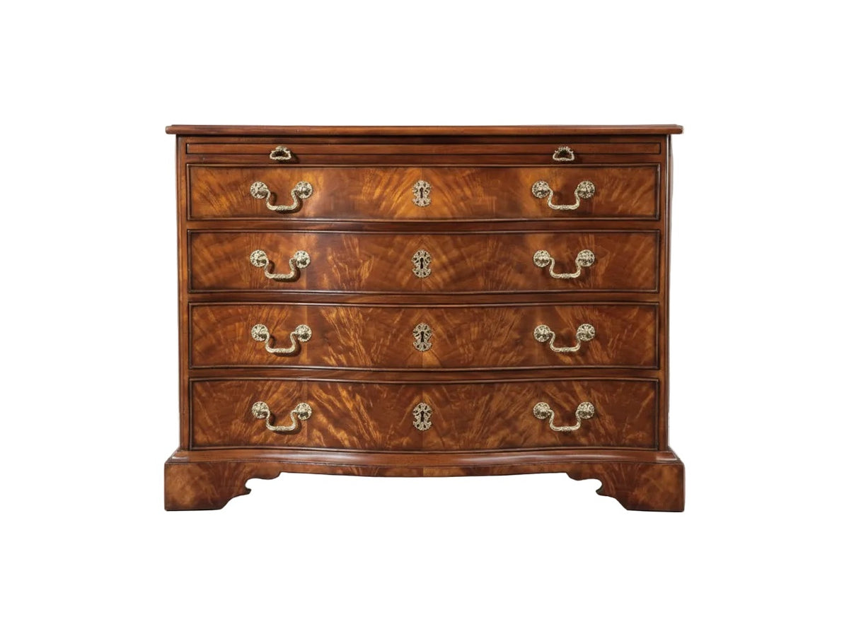 Wooden dresser with five drawers and brass handles on a white background