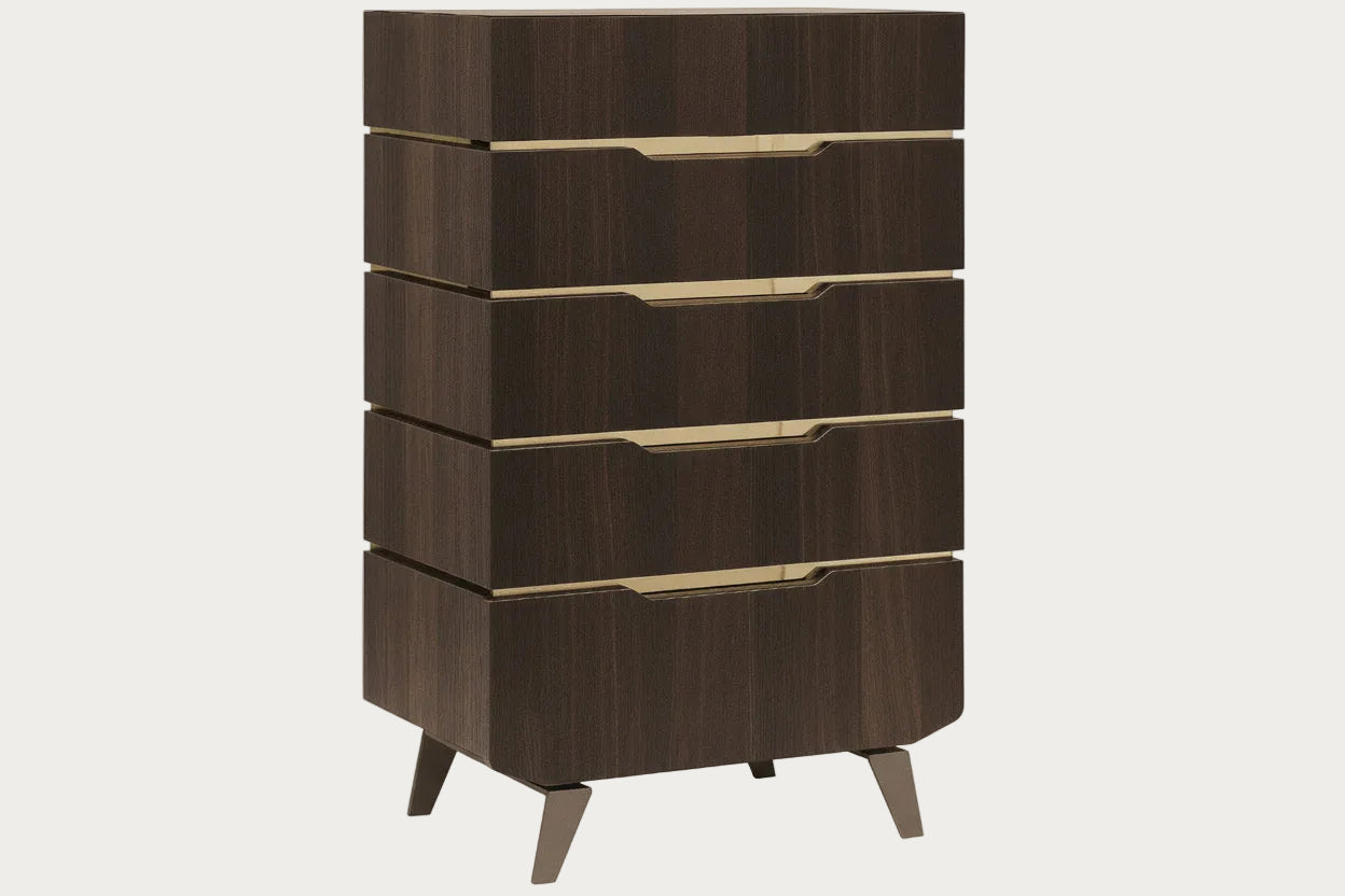 Accademia wooden dresser with five drawers on a white background.