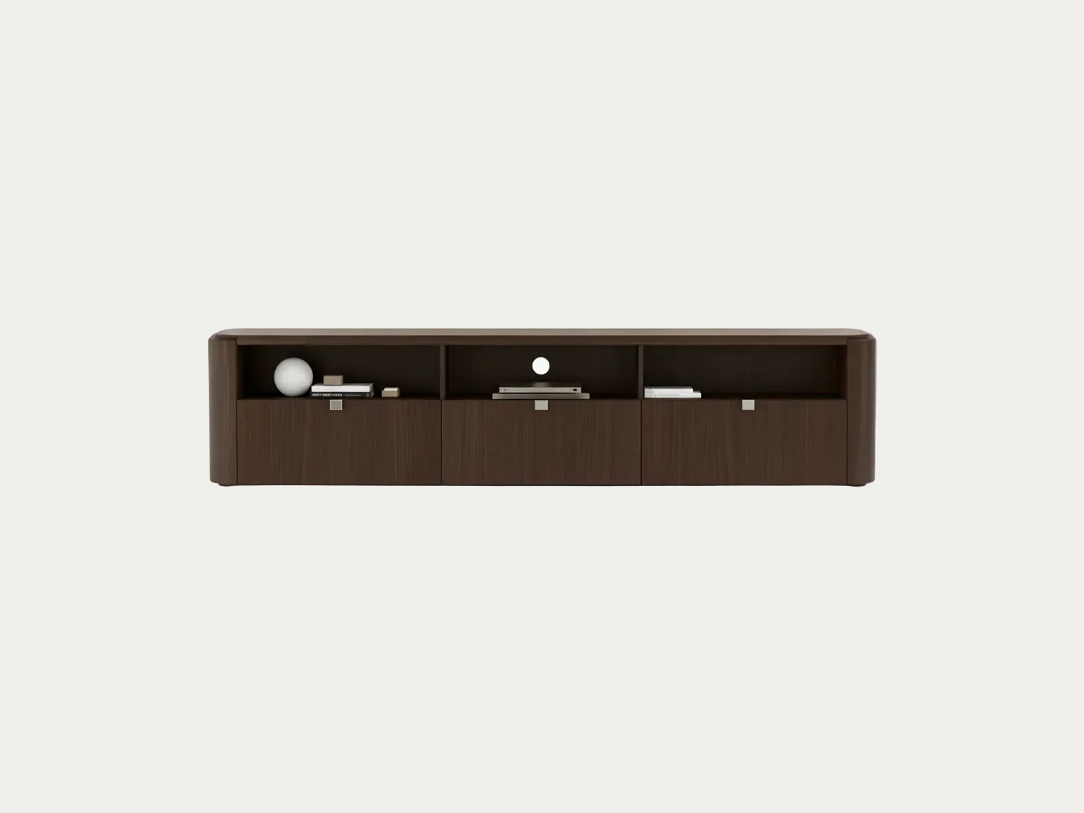 Appia wooden media console with open shelves on a white background.