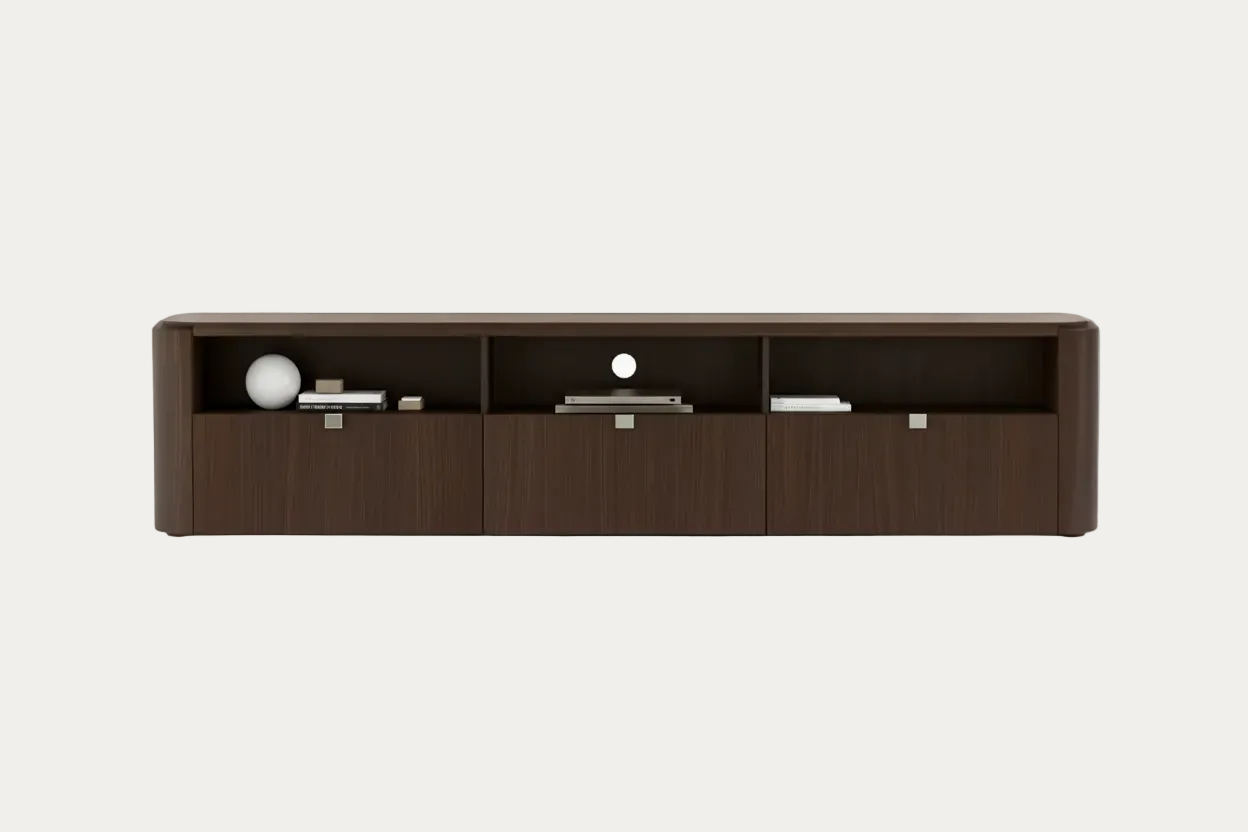 Appia wooden media console with open shelves on a white background.