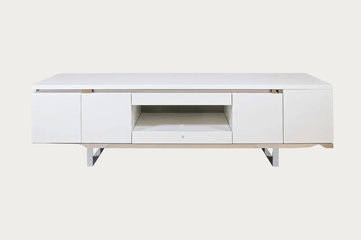Artemide white TV stand with wooden accents on a white background