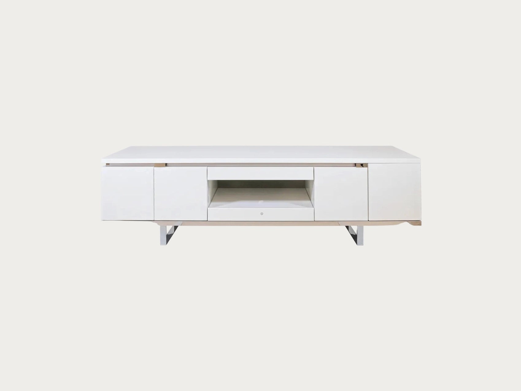 Artemide white TV stand with wooden accents on a white background