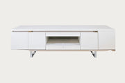 Artemide white TV stand with wooden accents on a white background