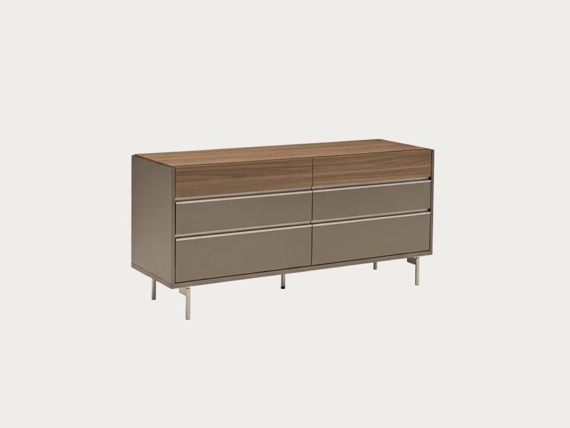 City Life dresser with a brown top and beige drawers on a white background