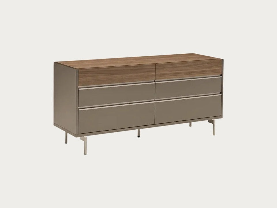 City Life dresser with a brown top and beige drawers on a white background