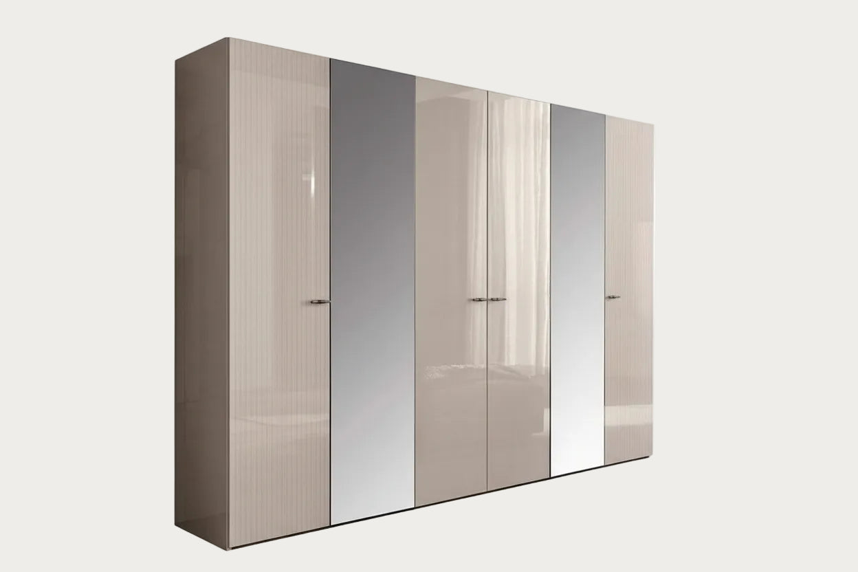 Claire 6-door wardrobe with beige and mirror panels on a white background.
