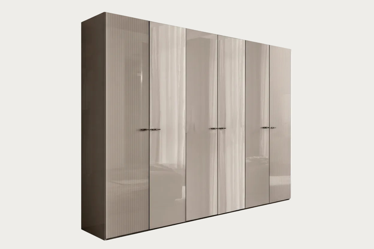 Claire 6-door wardrobe with wooden doors on a white background.