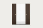 Four-door wardrobe with dark wood finish and center mirrors on a white background