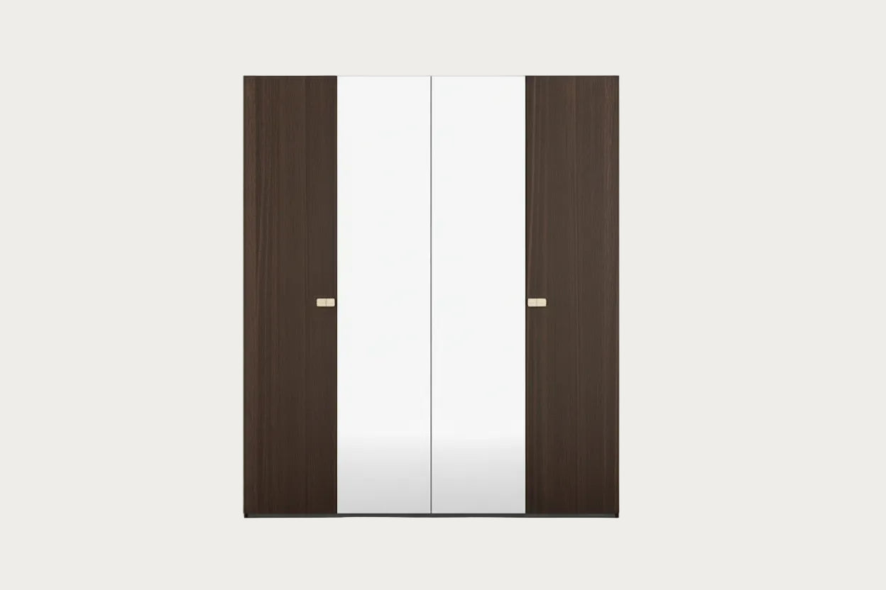 Four-door wardrobe with dark wood finish and center mirrors on a white background