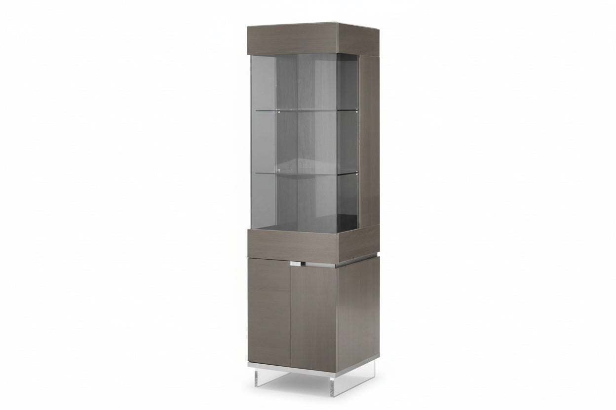 Tall gray display cabinet with glass shelves on a white background