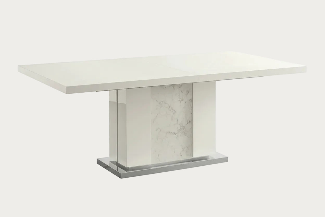 Canova white dining table with marble-like base on a white background