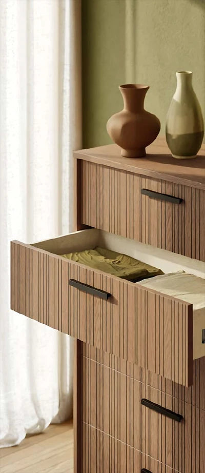 Ritmo 5-Drawer Tall Chest in Toffee Eco Oak | Alf Italia