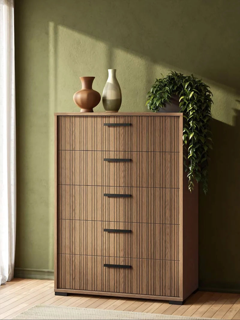 Ritmo 5-Drawer Tall Chest in Toffee Eco Oak | Alf Italia