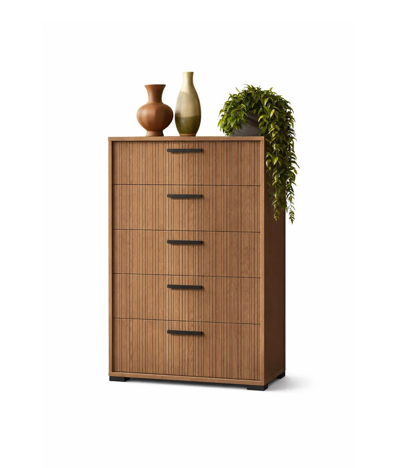 Ritmo 5-Drawer Tall Chest in Toffee Eco Oak | Alf Italia