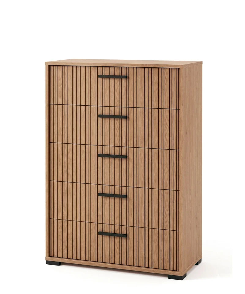 Ritmo 5-Drawer Tall Chest in Toffee Eco Oak | Alf Italia