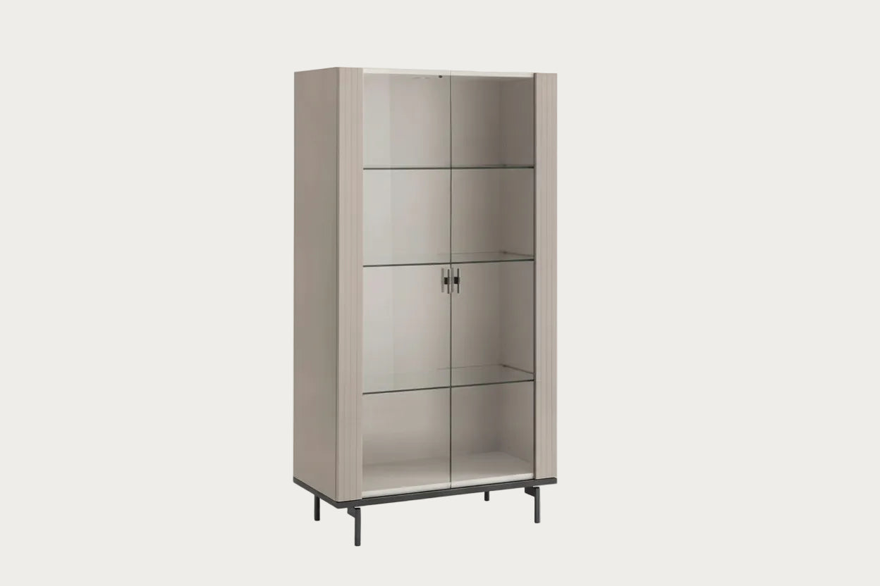 Claire beige 2-door curio cabinet with glass doors on a white background