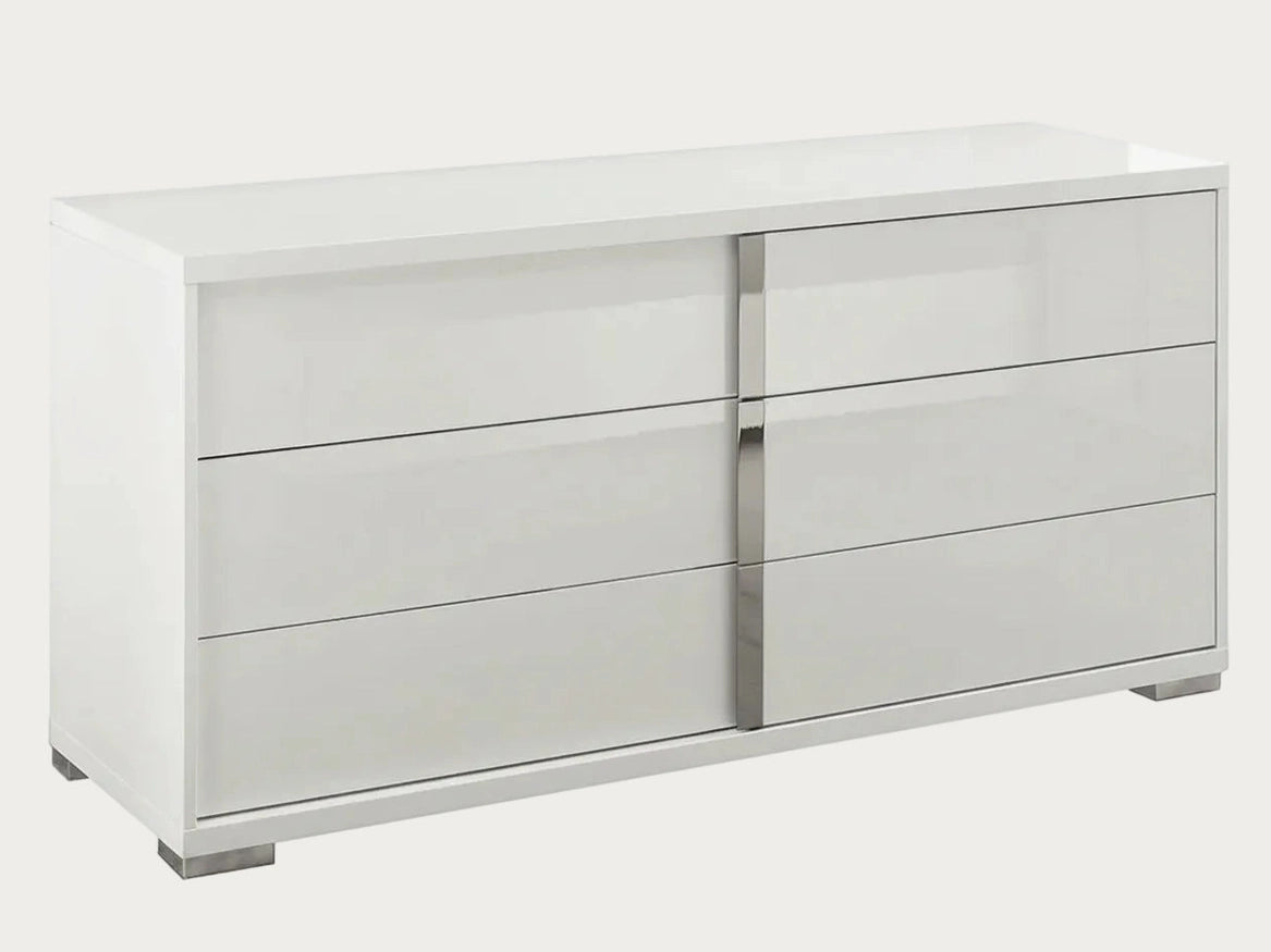 Imperia white dresser with multiple drawers on a white background