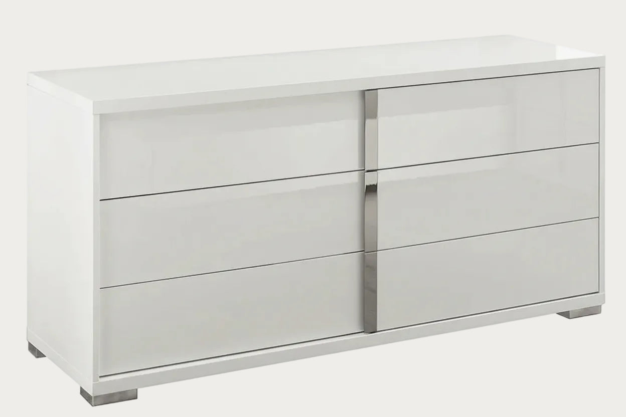 Imperia white dresser with multiple drawers on a white background