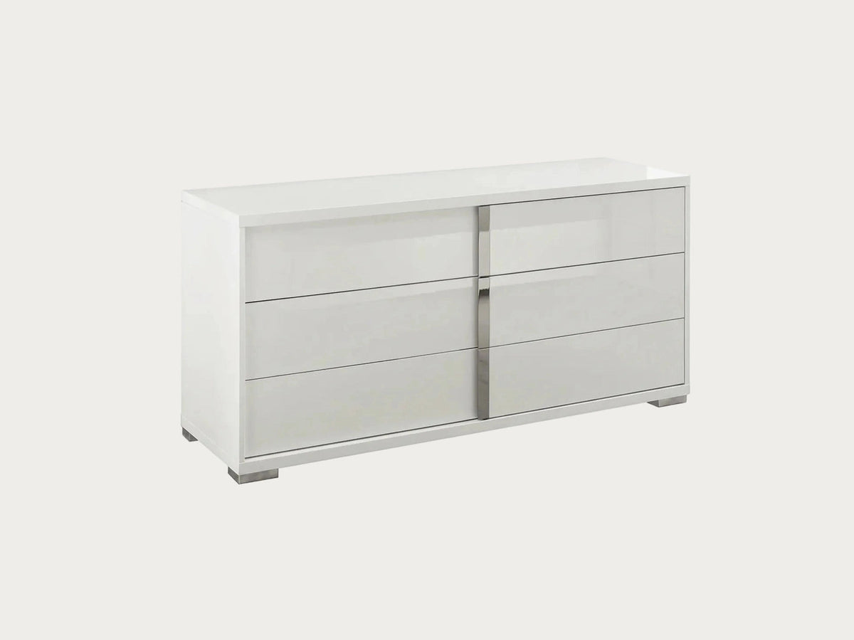 Imperia white dresser with multiple drawers on a white background