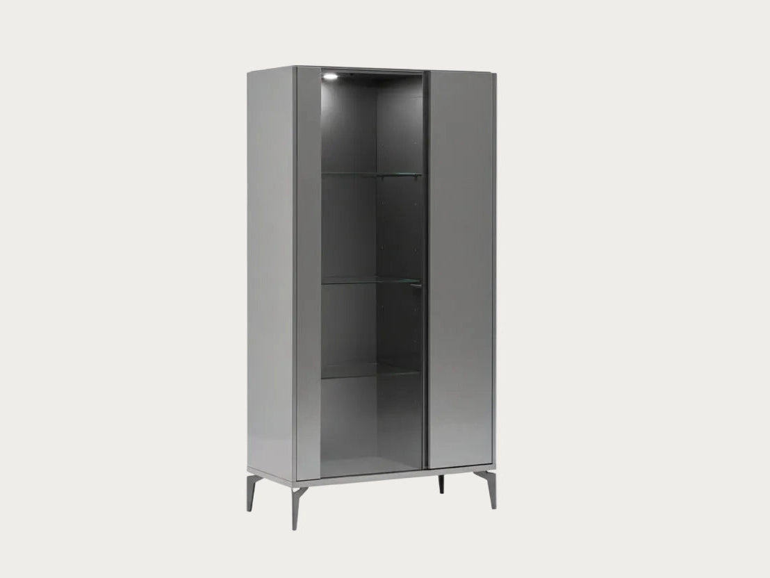 Graphite gray metal cabinet with a glass door on a white background.