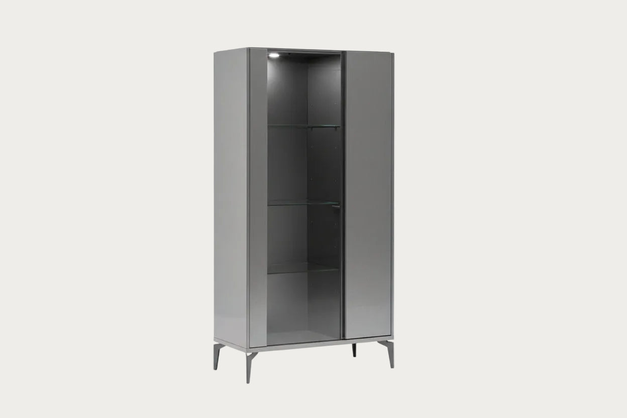 Graphite gray metal cabinet with a glass door on a white background.