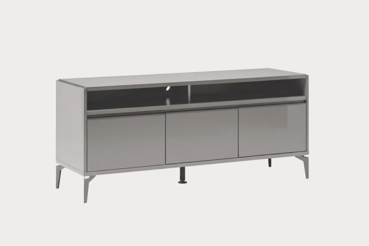 Graphite gray sideboard with glass panels on a white background.