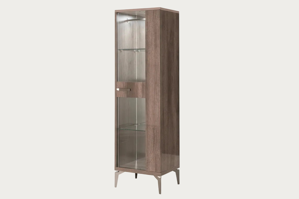 Matera right side 1-Door Curio cabinet with glass shelves on a white background.