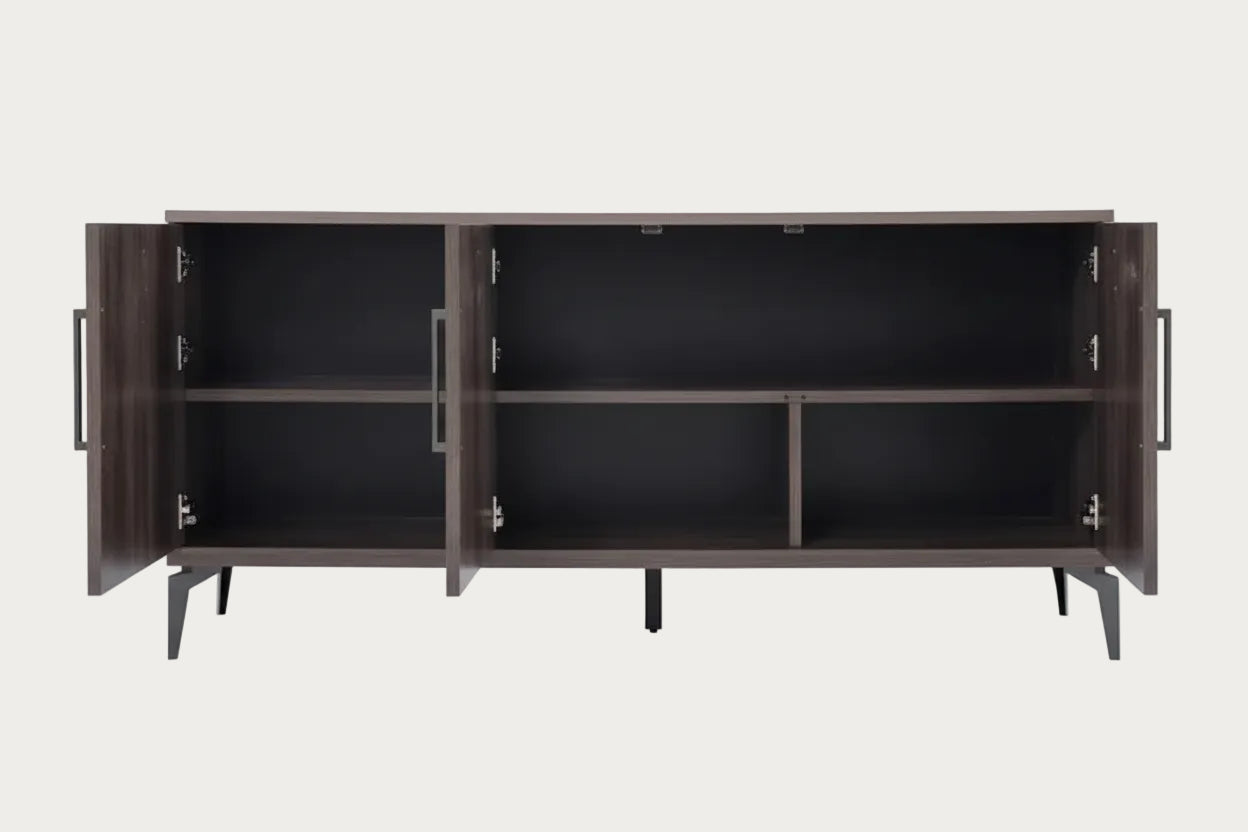 Dark wooden sideboard with open shelves on a white background