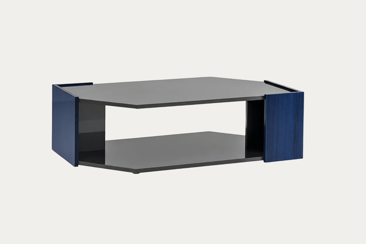 Oceanum modern, rectangular coffee table with blue and black design on a white background.